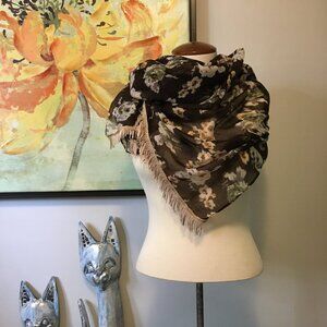 Large Voluminous Semi Sheer Tasseled Floral Scarf In Brown, Cream and Sage